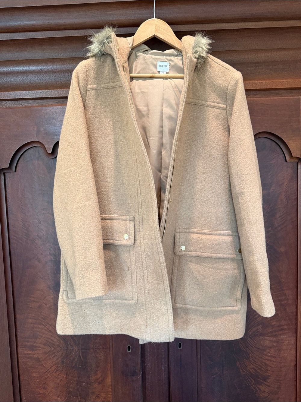 J. Crew Camel Hooded Wool-Blend Coat with Faux-Fur Trim